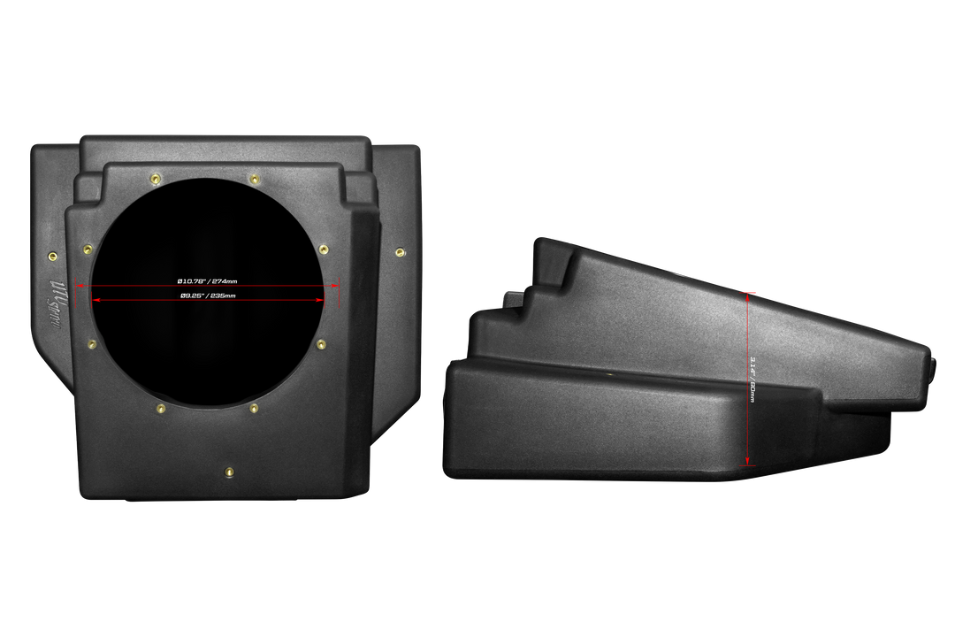 UTV Stereo subwoofer enclosure front and side profile with dimension measurements