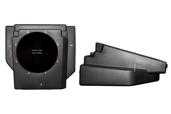 UTV Stereo subwoofer enclosure front and side profile with dimension measurements