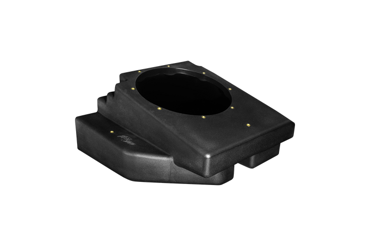 Black plastic speaker enclosure with mounting holes