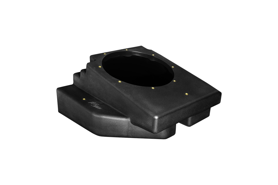 Black molded plastic speaker enclosure with mounting holes