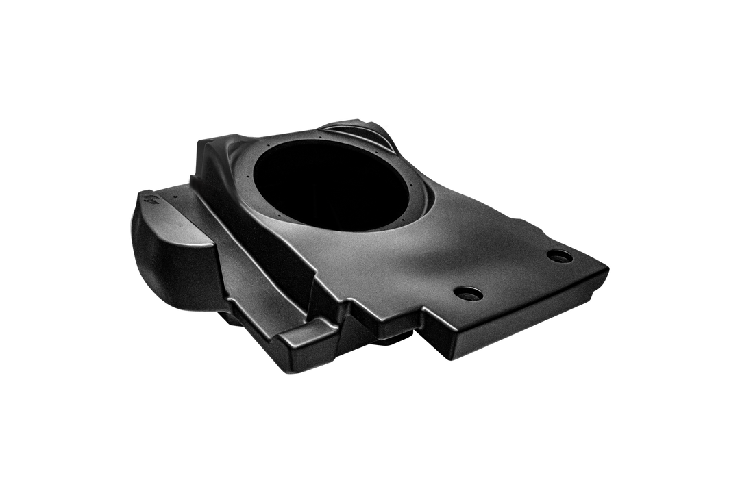 Black molded plastic vehicle subwoofer enclosure
