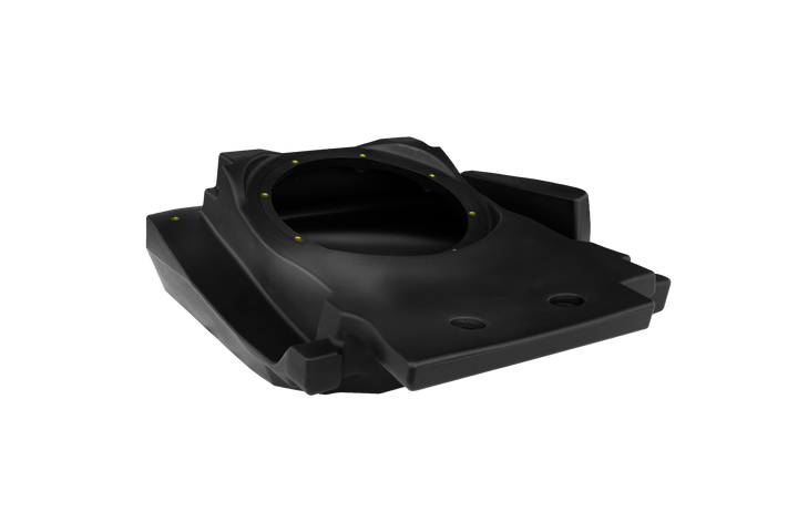 Black plastic subwoofer enclosure with circular speaker mount