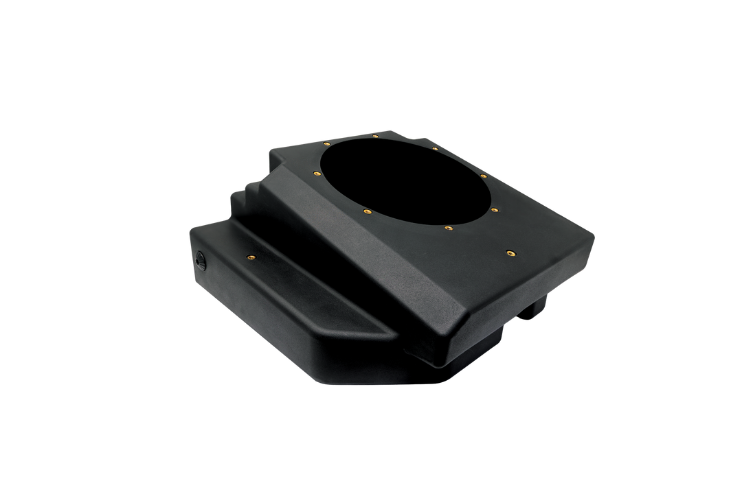 Black molded plastic subwoofer enclosure with circular speaker cutout