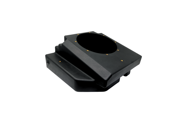 Black molded plastic subwoofer enclosure with circular speaker cutout