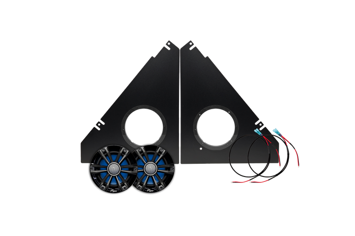 UTV Stereo speaker mounting panels with two circular speakers and wiring harnesses