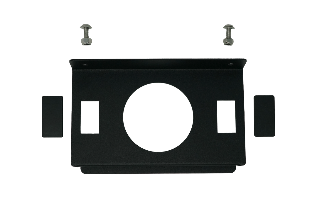 UTV Stereo black metal mounting bracket with two bolts and two rectangular spacers