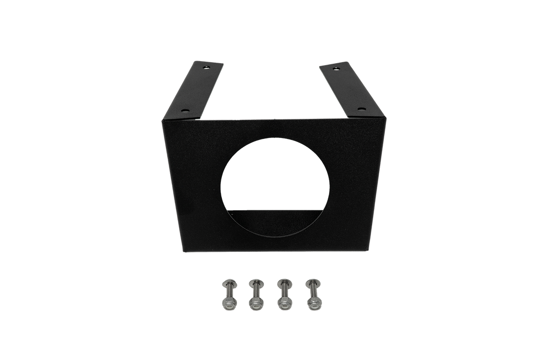 Black metal U-shaped mounting bracket with a circular center hole and four included mounting screws