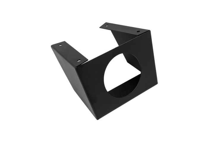 Black metal mounting bracket with a circular cutout and four screw holes