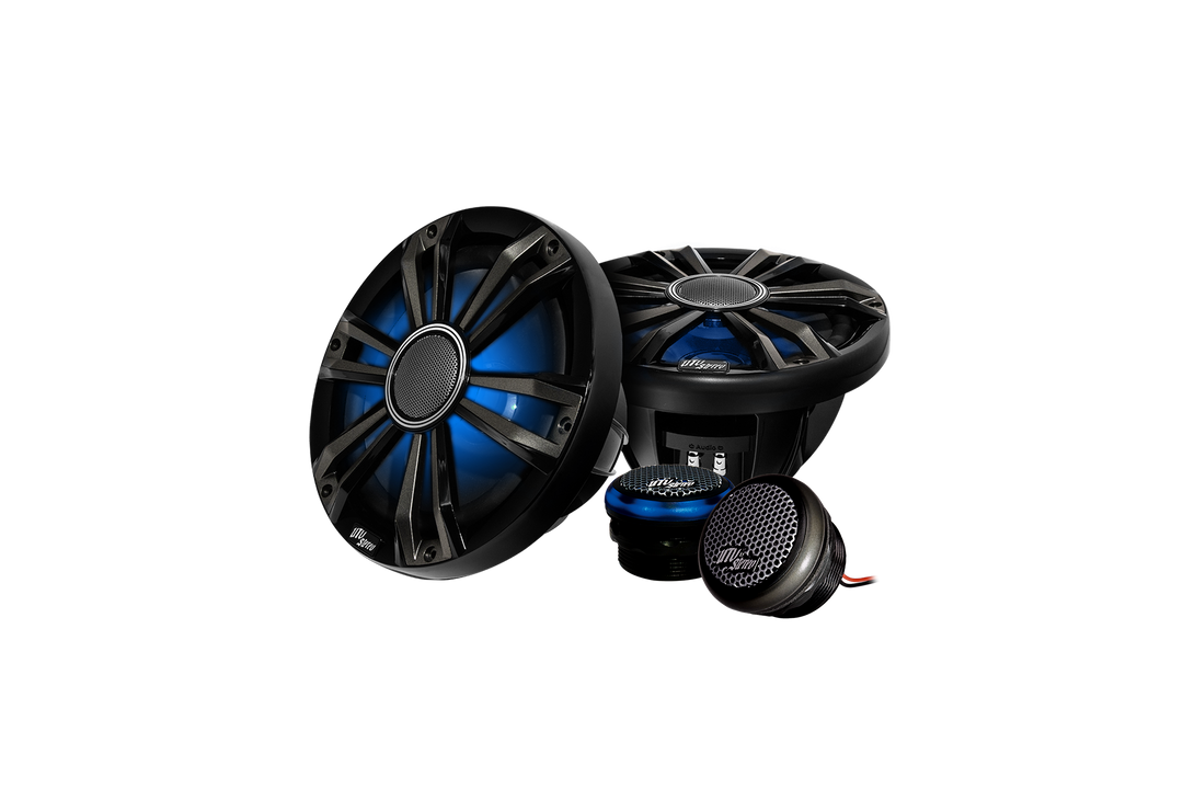 UTV Stereo speaker and tweeter set with black grilles and blue accents