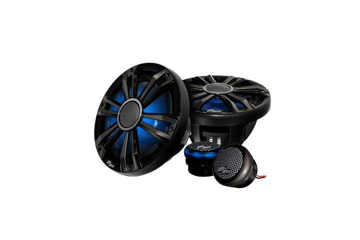 UTV Stereo speaker and tweeter set with black grilles and blue accents