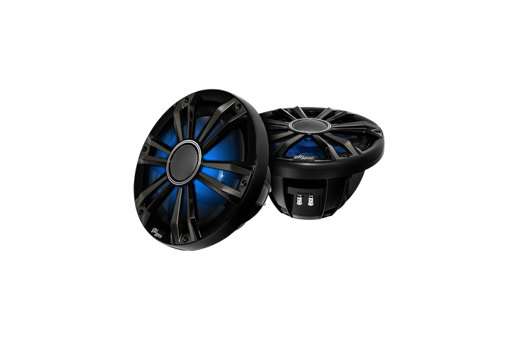 UTV Stereo black marine speakers with blue LED lighting