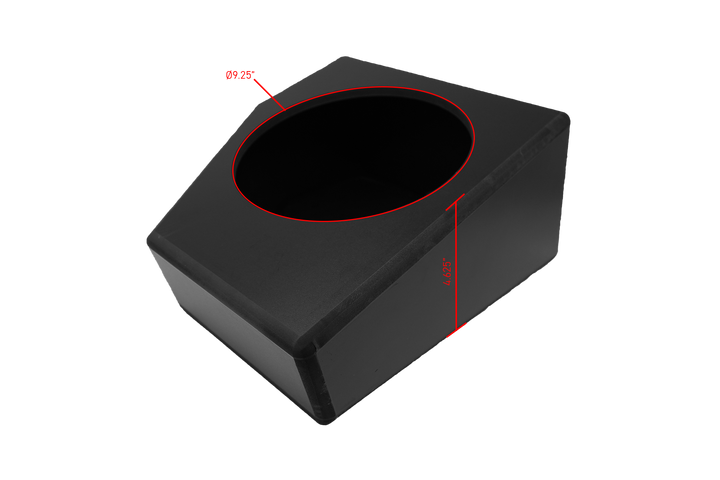Black subwoofer enclosure with 9.25 inch diameter cutout and 4.625 inch depth measurement