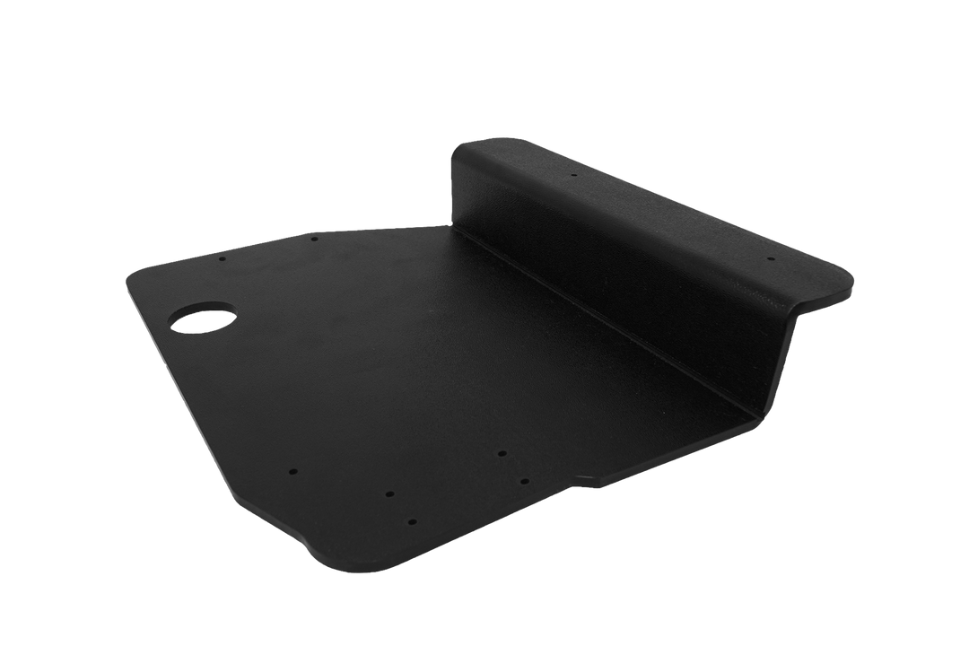 Black metal skid plate with mounting holes and circular cutout