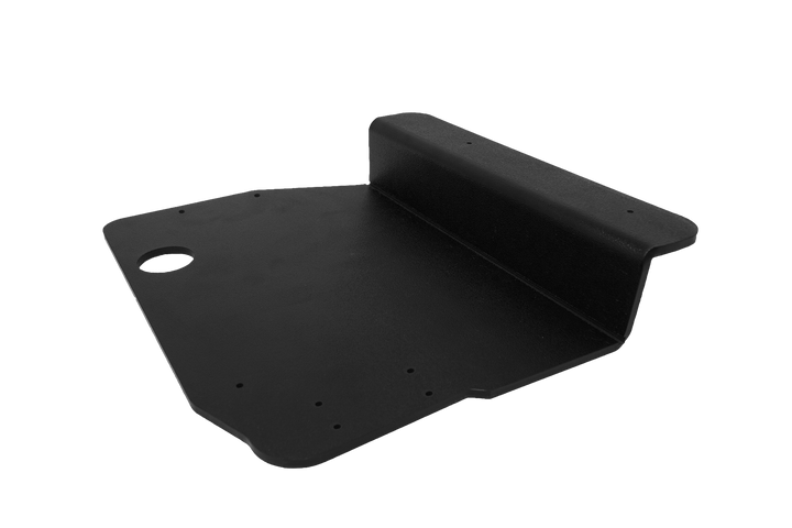 Black metal skid plate with mounting holes and circular cutout