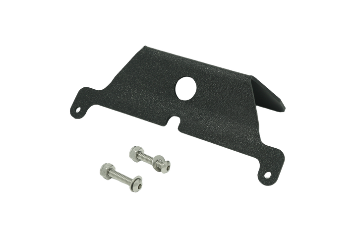 Black textured metal mounting bracket with two stainless steel bolts and nuts