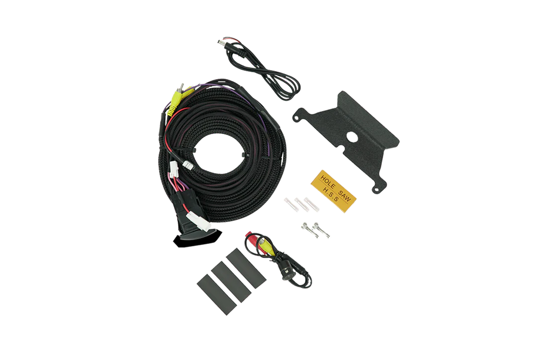 Vehicle camera wiring harness kit with mounting bracket hole saw and hardware
