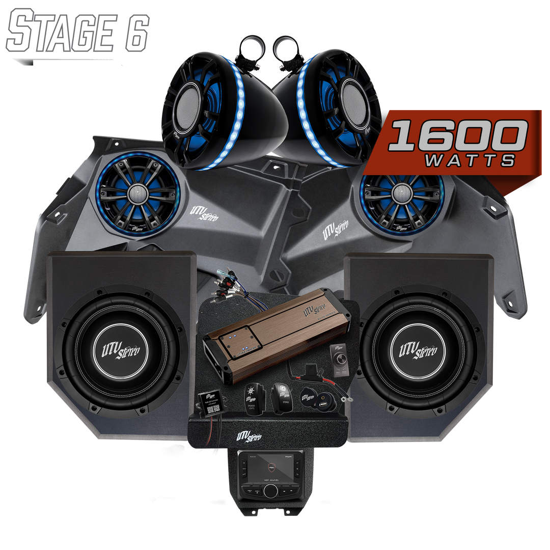 UTV Stereo Stage 6 audio system with speakers, subwoofers, amplifier, and head unit