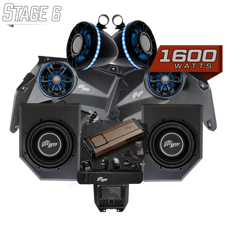 UTV Stereo Stage 6 audio system with speakers, subwoofers, amplifier, and head unit