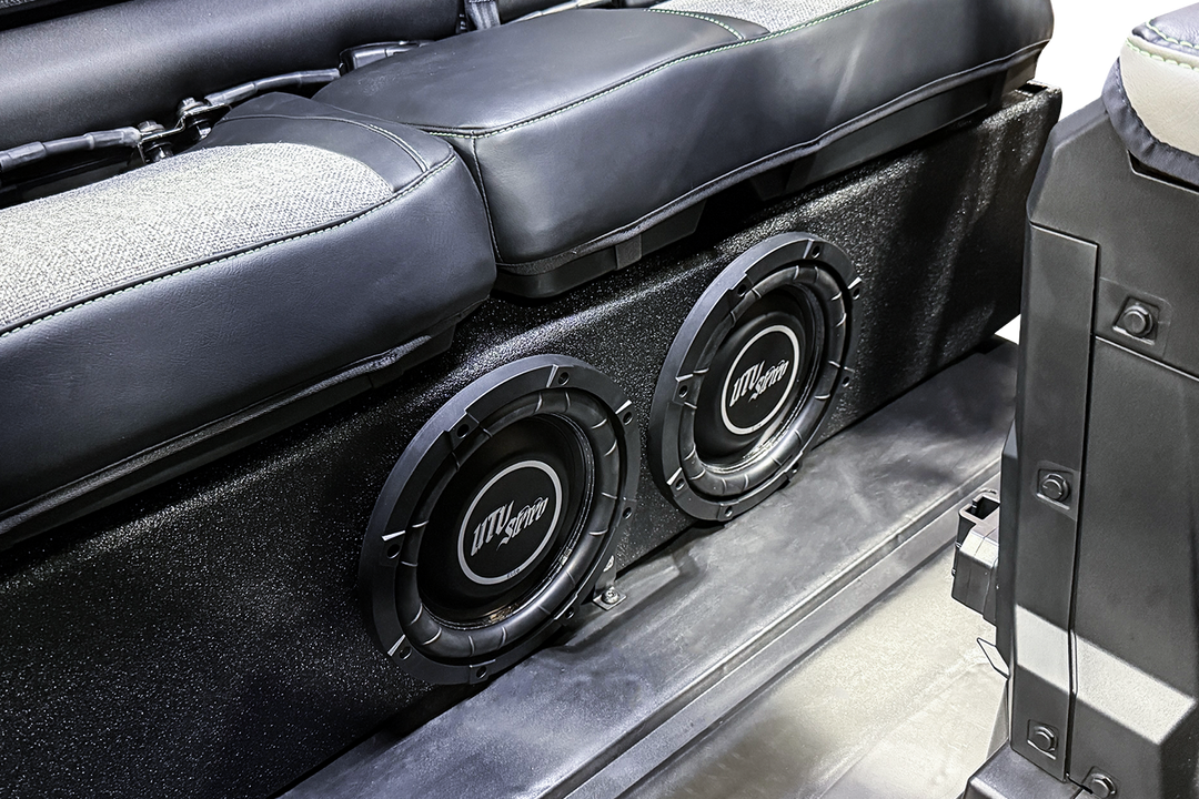 UTV Stereo dual subwoofer enclosure mounted under vehicle bench seat
