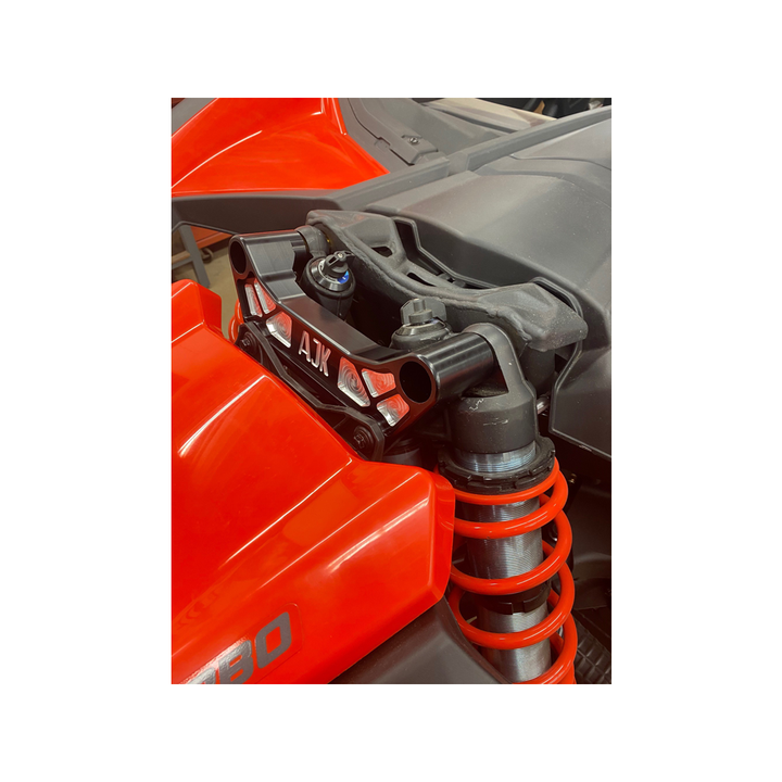 Can-Am Maverick X3 Billet Aluminum Shock Tower Brace by AJK Offroad Installed on Red Can-Am Right Side View